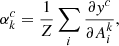 $$ \begin{aligned} \alpha ^c_k = \frac{1}{Z}\sum _i\frac{\partial y^c}{\partial A^k_i}, \end{aligned} $$