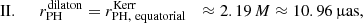 $$ \begin{aligned}&\mathrm{II.}&\ \ r_{\rm PH}^\mathrm{dilaton}&=r_{\rm PH,\ equatorial}^\mathrm{Kerr}&\approx 2.19\,M&\approx 10.96\, \mathrm{\upmu as}, \end{aligned} $$