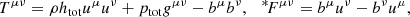 $$ \begin{aligned} T^{\mu \nu }=\rho h_{\rm tot}u^\mu u^\nu +p_{\rm tot} g^{\mu \nu }-b^\mu b^\nu , \ \ \ ^{*}\!F^{\mu \nu }=b^\mu u^\nu -b^\nu u^\mu , \end{aligned} $$