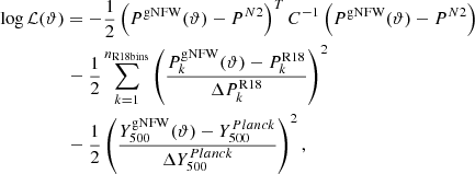 $$ \begin{aligned}&\mathrm{log } \,\mathcal{L} (\vartheta )= - \frac{1}{2} \left( P^\mathrm{gNFW}(\vartheta ) - P^{N2}\right)^{T} C^{-1} \left(P^\mathrm{gNFW}(\vartheta ) - P^{N2}\right) \nonumber \\&\qquad \qquad \,\,\, - \frac{1}{2}\sum _{k=1}^{n_{\mathrm{R18bins} }} \left(\frac{P_k^\mathrm{gNFW}(\vartheta ) - P_k^{\mathrm{R18} }}{\Delta P_k^{\mathrm{R18} }} \right)^{2} \nonumber \\&\qquad \qquad \,\,\, - \frac{1}{2}\left(\frac{Y^\mathrm{gNFW}_{500}(\vartheta )- Y_{500}^{Planck}}{\Delta Y_{500}^{Planck}}\right)^{2}, \end{aligned} $$