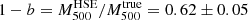 $ 1 - b=M_{500}^\mathrm{{HSE}}/M_{500}^\mathrm{{true}} = 0.62 \pm 0.05 $