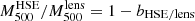 $ M_{500}^\mathrm{{HSE}}/M_{500}^\mathrm{{lens}} = 1 - b_{\mathrm{HSE/lens}} $