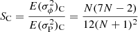 $$ \begin{aligned} S_{\rm C} = {E(\sigma _\phi ^2)_{\rm C}\over E(\sigma _{\rm P}^2)_{\rm C}} = {N(7N-2)\over 12(N+1)^2} \end{aligned} $$