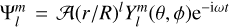 $\Psi _l^m = A{\left( {{r \mathord{\left/ {\vphantom {r R}} \right. \kern-\nulldelimiterspace} R}} \right)^l}Y_l^m\left( {\theta ,\phi } \right){{\rm{e}}^{ - {\rm{i}}\omega t}}$
