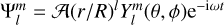 ${\rm{\Psi }}_l^m = A{\left( {{r \mathord{\left/ {\vphantom {r R}} \right. \kern-\nulldelimiterspace} R}} \right)^l}Y_l^m\left( {\theta ,\phi } \right){{\rm{e}}^{ - {\rm{i}}\omega t}}$