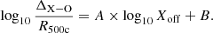 $$ \begin{aligned} \log _{10}\dfrac{\Delta _{\rm X{-}O}}{R_{\rm 500c}} = A\times \log _{10}X_{\rm off} + B. \end{aligned} $$