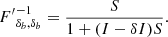 $$ \begin{aligned} {F^{\prime }}^{-1}_{\delta _b,\delta _b} = \frac{S}{1 + (I-\delta I) S}. \end{aligned} $$