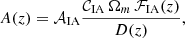 $$ \begin{aligned} A(z) = \mathcal{A} _\mathrm{IA} \frac{ \mathcal{C} _\mathrm{IA} \, \Omega _m \, \mathcal{F} _{\rm IA}(z)}{D(z)}, \end{aligned} $$