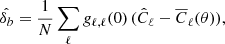 $$ \begin{aligned} \hat{\delta _b} = \frac{1}{N} \sum _{\ell } g_{\ell ,\ell }(0) \, (\hat{C}_\ell -\overline{C}_\ell (\theta )), \end{aligned} $$