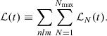 $$ \begin{aligned} \mathcal{L} (t)\equiv \sum \limits _{nlm} \sum \limits _{N=1}^{N_{\rm max}} \mathcal{L} _N(t). \end{aligned} $$