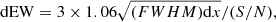 $$ \begin{aligned} \mathrm{dEW} = 3 \times 1.06 \sqrt{(FWHM) \mathrm{d}x} / (S/N) , \end{aligned} $$