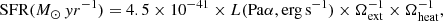 $$ \begin{aligned} \mathrm {SFR}(M_{\odot }\,yr ^{-1}) = 4.5\times 10^{-41}\times L(\mathrm{Pa} \alpha , \mathrm {erg\,s}^{-1}) \times \Omega _\mathrm{ext} ^{-1} \times \Omega _\mathrm{heat} ^{-1}, \end{aligned} $$