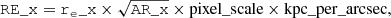 $$ \begin{aligned} \mathtt{RE\_x} = \mathtt{r_{e}\_x} \times \sqrt{\mathtt{AR\_x}} \times \mathrm {pixel\_scale} \times \mathrm {kpc\_per\_arcsec} , \end{aligned} $$