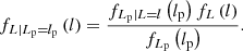 $$ \begin{aligned} f_{L\vert L_\mathrm{p} = l_\mathrm{p} }\left(l\right) = \frac{f_{L_\mathrm{p} \vert L = l}\left(l_\mathrm{p} \right) f_L\left(l\right)}{f_{L_\mathrm{p} }\left(l_\mathrm{p} \right)}. \end{aligned} $$