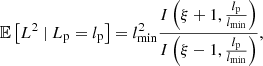 $$ \begin{aligned} \mathbb{E} \left[L^2\ \vert \ L_\mathrm{p} = l_\mathrm{p} \right] = l_\mathrm{min} ^2 \frac{I\left(\xi + 1, \frac{l_\mathrm{p} }{l_\mathrm{min} }\right)}{I\left(\xi - 1, \frac{l_\mathrm{p} }{l_\mathrm{min} }\right)}, \end{aligned} $$