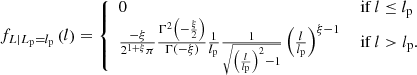$$ \begin{aligned} f_{L\vert L_\mathrm{p} = l_\mathrm{p} }\left(l\right) = {\left\{ \begin{array}{ll} 0&\text{ if } l \le l_\mathrm{p} \\ \frac{-\xi }{2^{1+\xi }\pi }\frac{\Gamma ^2\left(-\frac{\xi }{2}\right)}{\Gamma \left(-\xi \right)}\frac{1}{l_\mathrm{p} }\frac{1}{\sqrt{\left(\frac{l}{l_\mathrm{p} }\right)^2 - 1}}\left(\frac{l}{l_\mathrm{p} }\right)^{\xi -1}&\text{ if } l > l_\mathrm{p} . \end{array}\right.} \end{aligned} $$