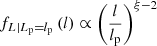 $ f_{L\vert L_{\mathrm{p}} = l_{\mathrm{p}}}\left(l\right) \propto \left(\frac{l}{l_{\mathrm{p}}}\right)^{\xi-2} $