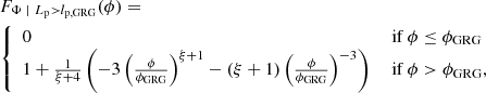 $$ \begin{aligned}&F_{\Phi \ \vert \ L_\mathrm{p} > l_\mathrm{p,GRG} }(\phi )= \nonumber \\&{\left\{ \begin{array}{ll} 0&\text{ if } \phi \le \phi _\mathrm{GRG} \\ 1 + \frac{1}{\xi + 4}\left(-3 \left(\frac{\phi }{\phi _\mathrm{GRG} }\right)^{\xi + 1} - (\xi + 1)\left(\frac{\phi }{\phi _\mathrm{GRG} }\right)^{-3}\right)&\text{ if } \phi > \phi _\mathrm{GRG} , \end{array}\right.} \end{aligned} $$