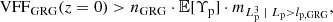 $$ \begin{aligned} \mathrm{VFF} _\mathrm{GRG} (z=0) > n_\mathrm{GRG} \cdot \mathbb{E} [\Upsilon _\mathrm{p} ] \cdot m_{L_\mathrm{p} ^3\ \vert \ L_\mathrm{p} > l_\mathrm{p,GRG} }, \end{aligned} $$