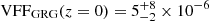 $ \mathrm{VFF}_{\mathrm{GRG}}(z = 0) = 5^{+8}_{-2} \times 10^{-6} $