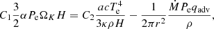 $$ \begin{aligned} C_1 \frac{3}{2} \alpha P_{\rm e} \Omega _K H = C_2 \frac{ac T_{\rm e}^4}{3 \kappa \rho H} - \frac{1}{2\pi r^2} \frac{\dot{M} P_{\rm e} q_{\rm adv}}{\rho } ,\end{aligned} $$
