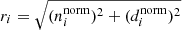 $$ \begin{aligned} r_{i} = \sqrt{(n^\mathrm{norm}_{i})^2 + (d^\mathrm{norm}_{i})^2} \end{aligned} $$