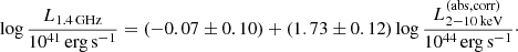 $$ \begin{aligned} \log \frac{L_{\rm 1.4\,GHz}}{10^{41}\,\mathrm{erg}\,\mathrm{s}^{-1}}= (-0.07 \pm 0.10) + (1.73 \pm 0.12) \log \frac{L_{2{-}10\,\mathrm{keV}}^\mathrm{(abs,corr)}}{10^{44}\,\mathrm{erg}\,\mathrm{s}^{-1}}\cdot \end{aligned} $$