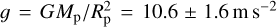 $g = {{G{M_{\rm{p}}}} \mathord{\left/ {\vphantom {{G{M_{\rm{p}}}} {R_{\rm{p}}^2 = 10.6 \pm 1.6m{s^{ - 2}}}}} \right. \kern-\nulldelimiterspace} {R_{\rm{p}}^2 = 10.6 \pm 1.6m{s^{ - 2}}}}$