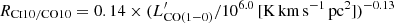 $ R_{\mathrm{C}\textsc{i}10/\mathrm{CO}10} = 0.14 \times (L^\prime_{\mathrm{CO}(1{-}0)}/10^{6.0}\,[\mathrm{K\,km\,s^{-1}\,pc^{2}}])^{-0.13} $