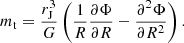$$ \begin{aligned} m_{\rm t} = \frac{r_{\rm J}^3}{G}\left(\frac{1}{R}\frac{\partial \Phi }{\partial R} - \frac{\partial ^2\Phi }{\partial R^2}\right). \end{aligned} $$