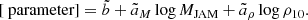 $$ \begin{aligned}{[\text{ parameter}]} = \tilde{b}+\tilde{a}_M\log M_\mathrm{JAM} +\tilde{a}_\rho \log \rho _{10}. \end{aligned} $$