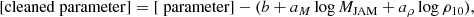 $$ \begin{aligned}{[\mathrm{cleaned\ parameter}]} = [\text{ parameter}] - (b+a_M\log M_\mathrm{JAM} +a_\rho \log \rho _{10}), \end{aligned} $$