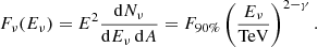 $$ \begin{aligned} F_\nu (E_\nu ) = E^2\frac{\mathop {\mathrm{d}N_\nu }}{\mathop {\mathrm{d}E_\nu }\mathop {\mathrm{d}A}} = F_{90\%}\left(\frac{E_\nu }{\mathrm{TeV} }\right)^{2-\gamma }. \end{aligned} $$