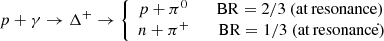 $$ \begin{aligned} p+\gamma \rightarrow \Delta ^+\rightarrow {\left\{ \begin{array}{ll} p+\pi ^0 \ \ \ \ \ \ \ \mathrm{BR}=2/3~(\mathrm{at\,resonance})\\ n+\pi ^+ \ \ \ \ \ \ \ \mathrm{BR}=1/3~(\mathrm{at\,resonance}) \end{array}\right.}\!\!\!\!\!\!\! . \end{aligned} $$