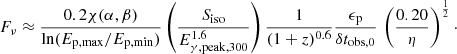 $$ \begin{aligned} F_\nu \approx \frac{0.2 \chi (\alpha ,\beta )}{\ln (E_{\mathrm{p,max}}/E_{\mathrm{p,min}})} \left(\frac{S_{\rm iso}}{E_{\gamma ,\mathrm{peak},300}^{1.6}}\right) \frac{1}{(1+z)^{0.6}} \frac{\epsilon _{\rm p}}{\delta t_{\rm obs,0}}\, \left(\frac{0.20}{\eta }\right)^{\frac{1}{2}}\cdot \end{aligned} $$