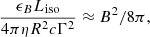 $$ \begin{aligned} \frac{\epsilon _{B} L_{\rm iso}}{4 \pi \eta R^{2} c \Gamma ^{2}} \approx B^{2}/8\pi , \end{aligned} $$