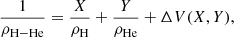 $$ \begin{aligned} \frac{1}{\rho _{\rm H-He}} = \frac{X}{\rho _{\rm H}} + \frac{Y}{\rho _{\rm He}} + \Delta V(X,Y), \end{aligned} $$