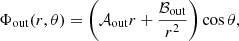 $$ \begin{aligned} \Phi _{\rm out}(r,\theta ) = \left( \mathcal{A} _{\rm out} r + \frac{\mathcal{B} _{\rm out}}{r^{2}} \right) \cos \theta , \end{aligned} $$