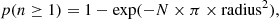 $$ \begin{aligned} p(n\ge 1) = 1 - \exp (-N \times \pi \times \mathrm{radius}^2), \end{aligned} $$