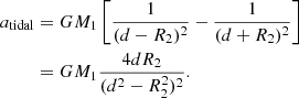 $$ \begin{aligned} a_{\rm tidal}&= GM_1\left[\frac{1}{(d-R_2)^2}-\frac{1}{(d+R_2)^2}\right] \nonumber \\&= GM_1\frac{4dR_2}{(d^2-R_2^2)^2}. \end{aligned} $$
