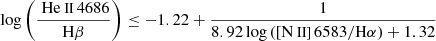 $$ \begin{aligned} \log \left(\frac{{\text{ He}}{\small {{\text{ II}}}}\,4686}{\mathrm{H}\beta }\right)\le -1.22+\frac{1}{8.92\log \left({\text{[N}}{\small { {\text{ II]}}}}\,6583/\mathrm{H}\alpha \right)+1.32} \end{aligned} $$