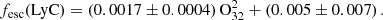 $$ \begin{aligned} f_{\rm esc}(\mathrm{LyC}) = \left(0.0017\pm 0.0004\right)\mathrm{O}_{32}^2 + \left(0.005\pm 0.007\right). \end{aligned} $$