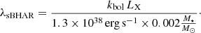 $$ \begin{aligned} \lambda _{\rm sBHAR} = \frac{k_{\rm bol}\,L_{\rm X}}{1.3 \times 10^{38}\,\mathrm{erg\,s}^{-1}\times 0.002\frac{M_\star }{{M}_\odot }}\cdot \end{aligned} $$