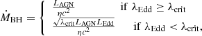 $$ \begin{aligned} \dot{M}_{\rm BH} = \left\{ \begin{array}{l} \frac{L_{\mathrm{AGN} }}{\eta c^2} \qquad \qquad \quad \mathrm{if}\; \lambda _{\mathrm{Edd} } \ge \lambda _{\mathrm{crit} } \\ \frac{\sqrt{\lambda _{\mathrm{crit} } L_{\mathrm{AGN} } L_{\mathrm{Edd} }}}{\eta c^2} \qquad \mathrm{if}\; \lambda _{\mathrm{Edd} } < \lambda _{\mathrm{crit} }, \end{array}\right. \end{aligned} $$