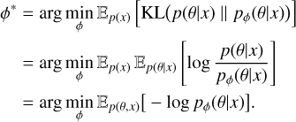 $\matrix{ {{\phi ^*}} \hfill &amp; { = \arg \,\mathop {\min }\limits_\phi \,{_{p\left( x \right)}}\left[ {{\rm{KL}}\left( {p\left( {\left. \theta \right|x} \right)\left\| {{p_\phi }} \right.\left( {\theta \left| x \right.} \right)} \right)} \right]} \hfill \cr {} \hfill &amp; { = \arg \,\mathop {\min }\limits_\phi \,{_{p\left( x \right)}}{_{p\left( {\left. \theta \right|x} \right)}}\left[ {\log {{p\left( {\theta \left| x \right.} \right)} \over {{p_\phi }\left( {\theta \left| x \right.} \right)}}} \right]} \hfill \cr {} \hfill &amp; { = \arg \,\mathop {\min }\limits_\phi \,{_{p\left( {\theta ,x} \right)}}\left[ { - \log {p_\phi }\left( {\theta \left| x \right.} \right)} \right].} \hfill \cr } $