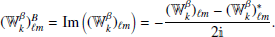 $$ \begin{aligned}&({\mathbb{W} }^{\beta }_{k})^{B}_{\ell m} = \mathrm{Im}\left(({\mathbb{W} }^{\beta }_{k})_{\ell m}\right)= -\frac{({\mathbb{W} }_{k}^{\beta })_{\ell m} - ({\mathbb{W} }_{k}^{\beta })^*_{\ell m} }{2\mathbb{i} }. \end{aligned} $$