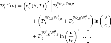 $$ \begin{aligned}&\mathcal{D} _\ell ^{EB}(\nu ) = \left(\varepsilon ^{P}_\nu (\bar{\beta },\bar{T})\right)^2 \Bigg [\mathcal{D} _\ell ^{{\mathbb{W} }_{0,E}{\mathbb{W} }_{0,B}} \,\nonumber \\&\qquad \qquad \qquad \qquad + \left(\mathcal{D} _\ell ^{{\mathbb{W} }_{0,E}{\mathbb{W} }^{\beta }_{1,B}} + \mathcal{D} _\ell ^{{\mathbb{W} }_{0,B}{\mathbb{W} }^{\beta }_{1,E}}\right) \ln \left(\frac{\nu }{\nu _0}\right)\nonumber \\&\qquad \qquad \qquad \qquad + \mathcal{D} _\ell ^{{\mathbb{W} }^{\beta }_{1,E}{\mathbb{W} }^{\beta }_{1,B}} \ln \left(\frac{\nu }{\nu _0}\right)^2 \dots \Bigg ]. \end{aligned} $$