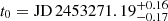 $ t_0 = \mathrm{JD }\,2453271.19^{+0.16}_{-0.17} $