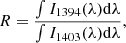 $$ \begin{aligned} R = \frac{\int I_{1394}(\lambda ) \mathrm{d}\lambda }{\int I_{1403}(\lambda ) \mathrm{d}\lambda }, \end{aligned} $$