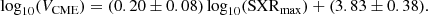 $$ \begin{aligned} \log _{10}(V_{\rm CME}) = (0.20 \pm 0.08) \log _{10}(\mathrm{SXR}_{\rm max}) + (3.83 \pm 0.38). \end{aligned} $$